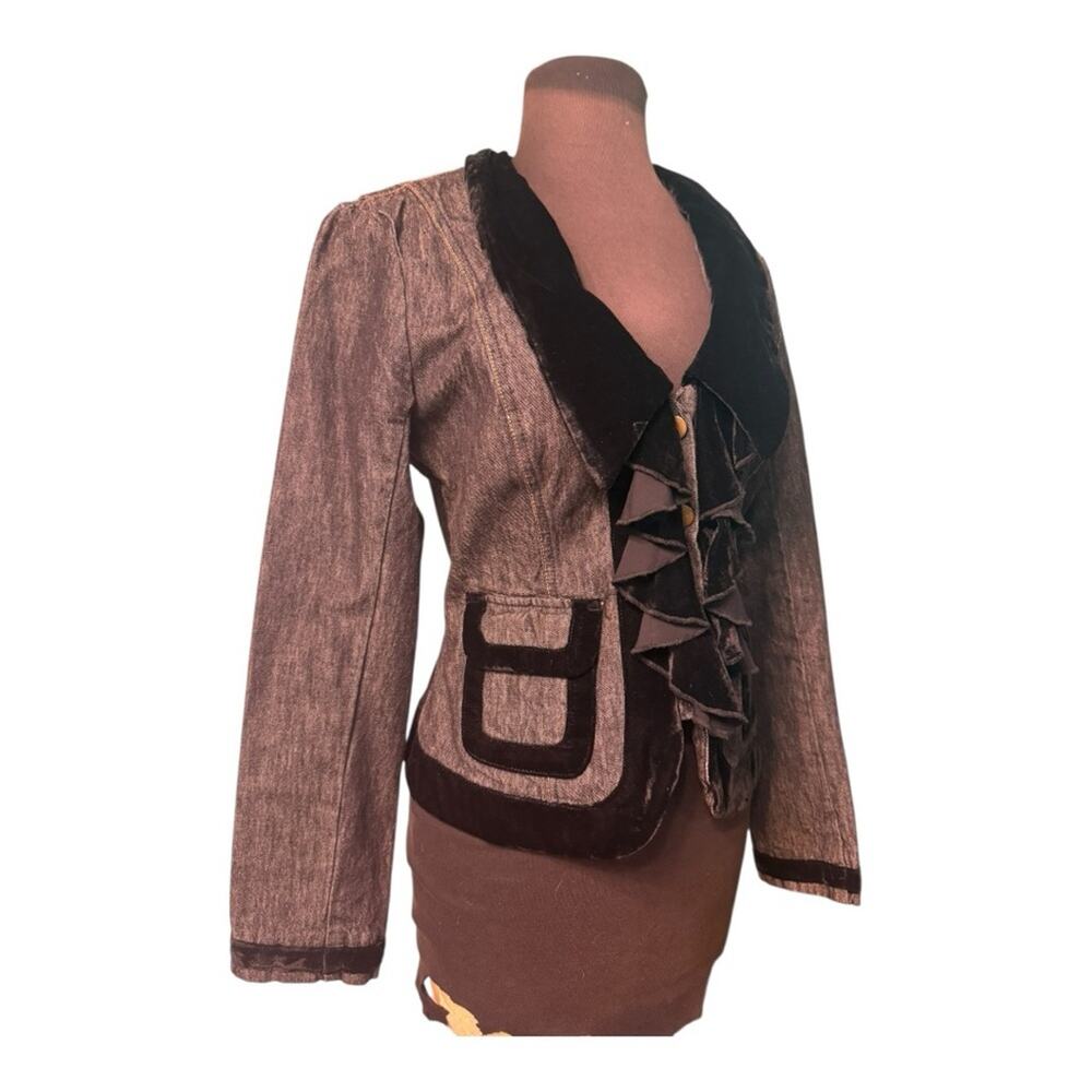 Y2K Jeanology Military Steampunk Ruffle Jacket Velvet Trim Dark Romantic Size 8